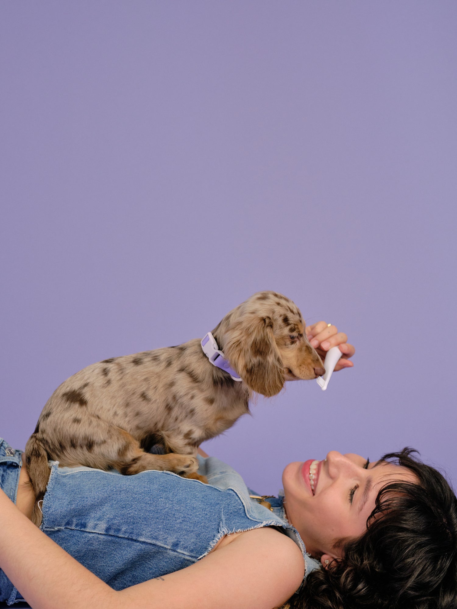 A woman laying down with her dog on top of her and an Oreze brush in its mouth.