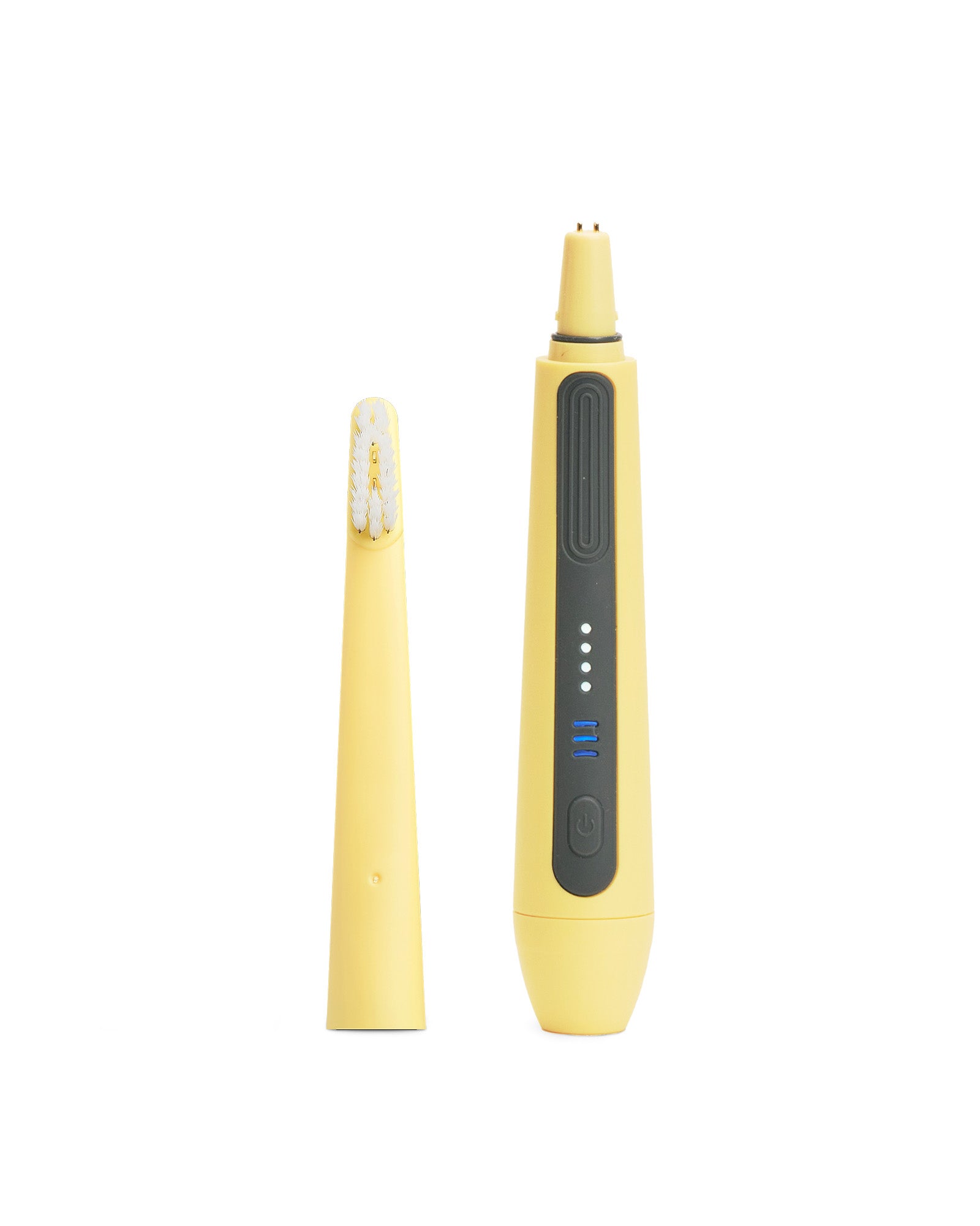 A replacement brush head for the Oreze toothbrush in canary yellow