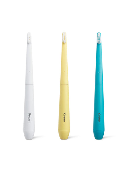 All three colors of Oreze toothbrushes