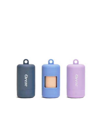 All three colors of Oreze poop bag carriers, exposed